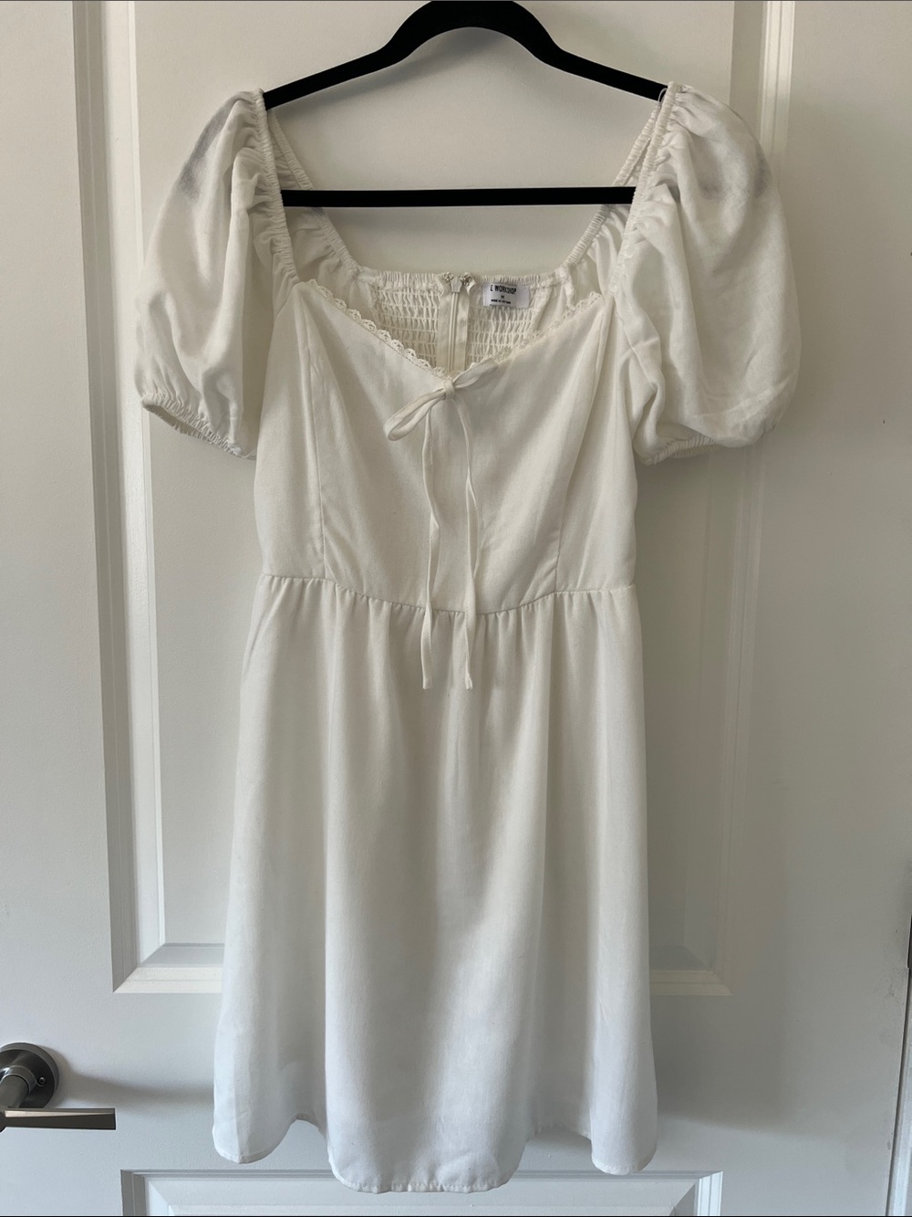 White Puff-Sleeve Tie-Front Midi Dress